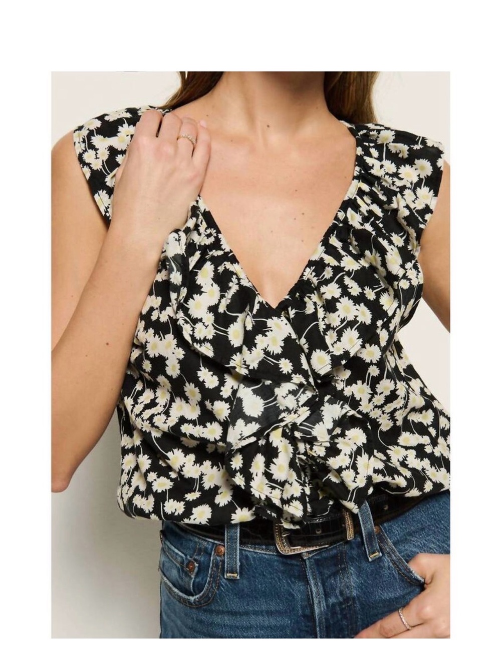 Nation LTD Black and White Daisy Ruffle V-Neck Top